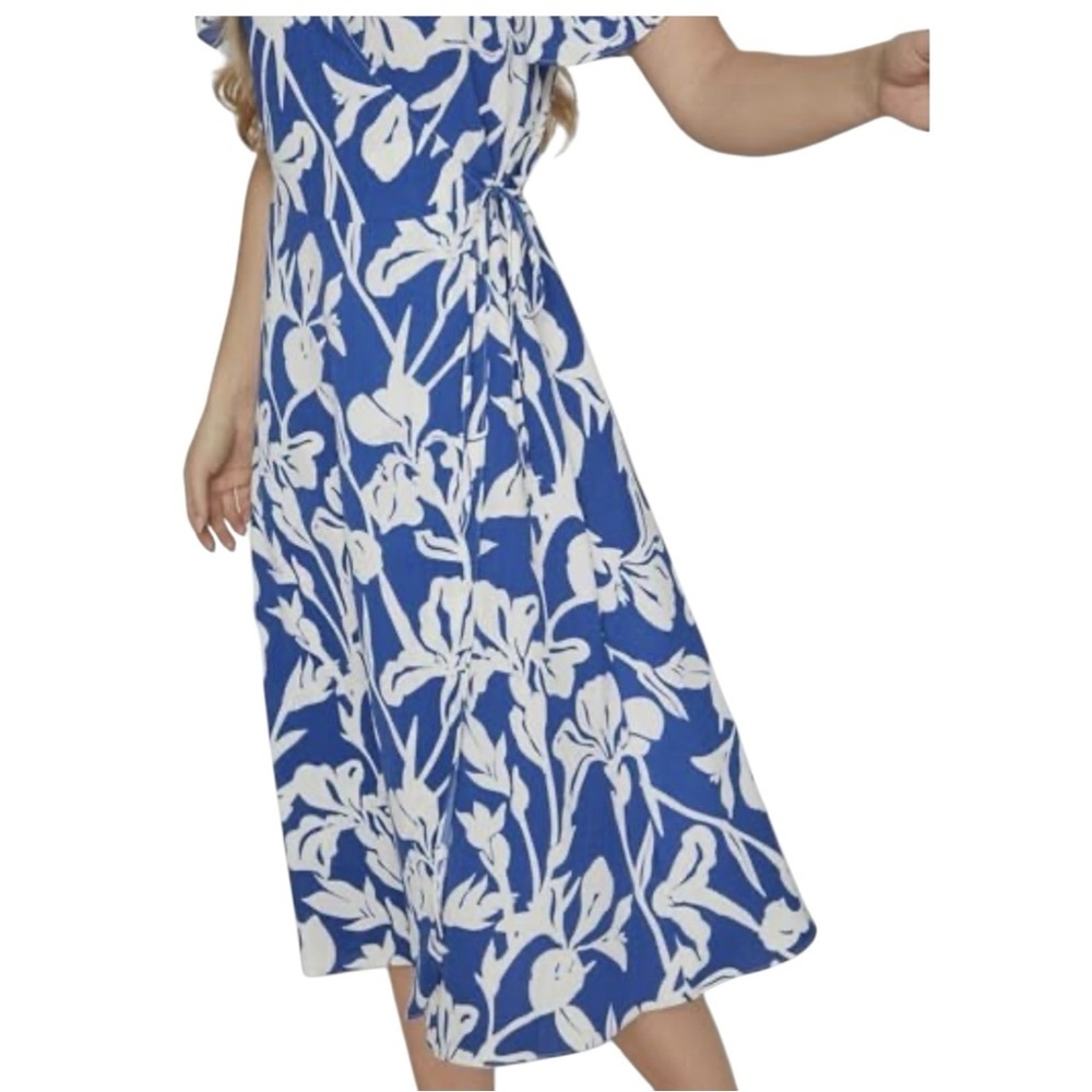 Women's (EU 34) XS Blue White Floral Vacation Midi Flowy Tropical Wrap Dress - Picture 6 of 7